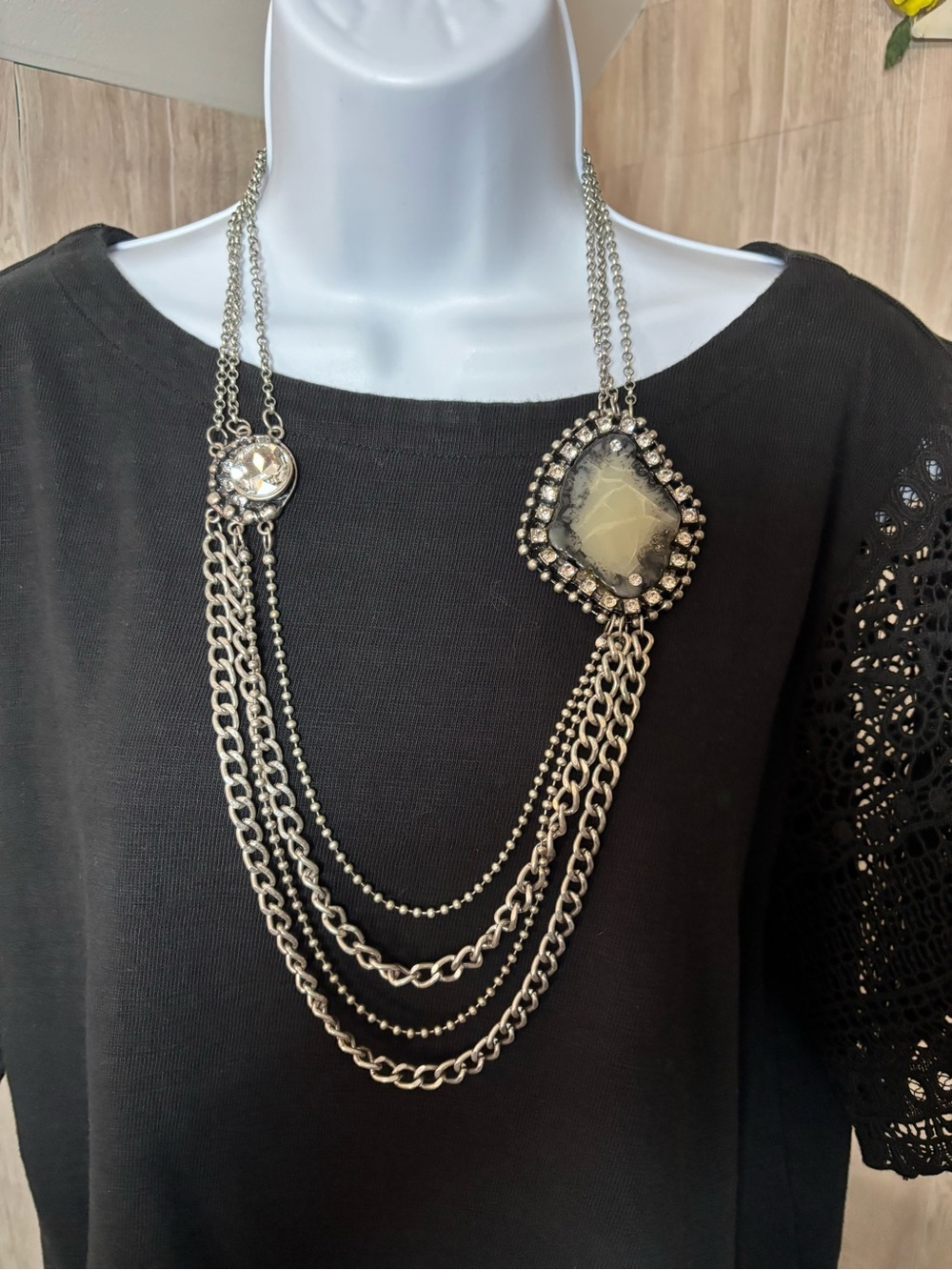 Multi-Strand Silver-Tone Statement Necklace with Faux Stone Accents